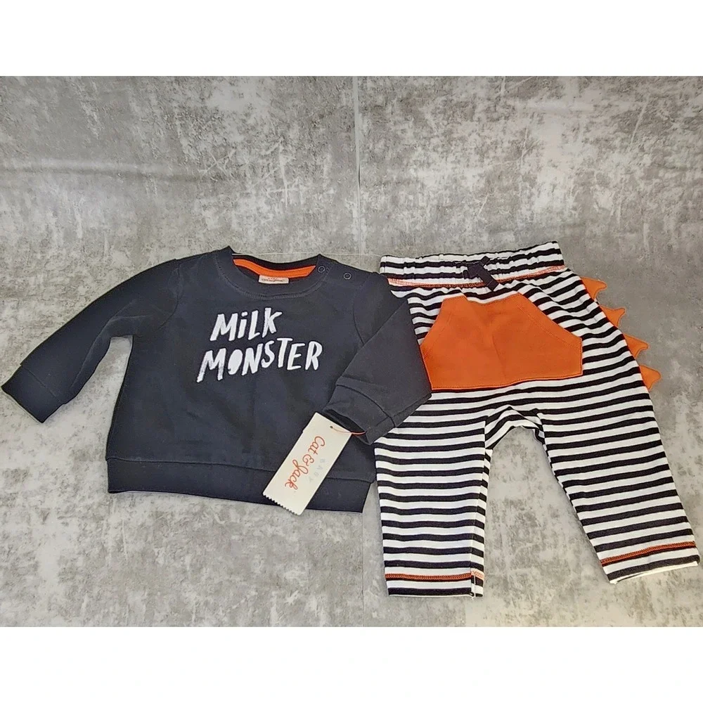 Cat & Jack Milk Monster Halloween Outfit Baby 3-6M Black Orange NWT Dino Spikes